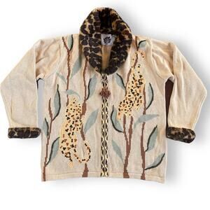 Storybook Knits Cardigan Spring Cheetah Animal Print Sequins Full Zip Fur Trim